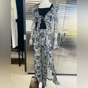 Jiki Monte Carlo France Vintage Chiffon Silk Slit Bell Bottom Pants & Tie Blouse